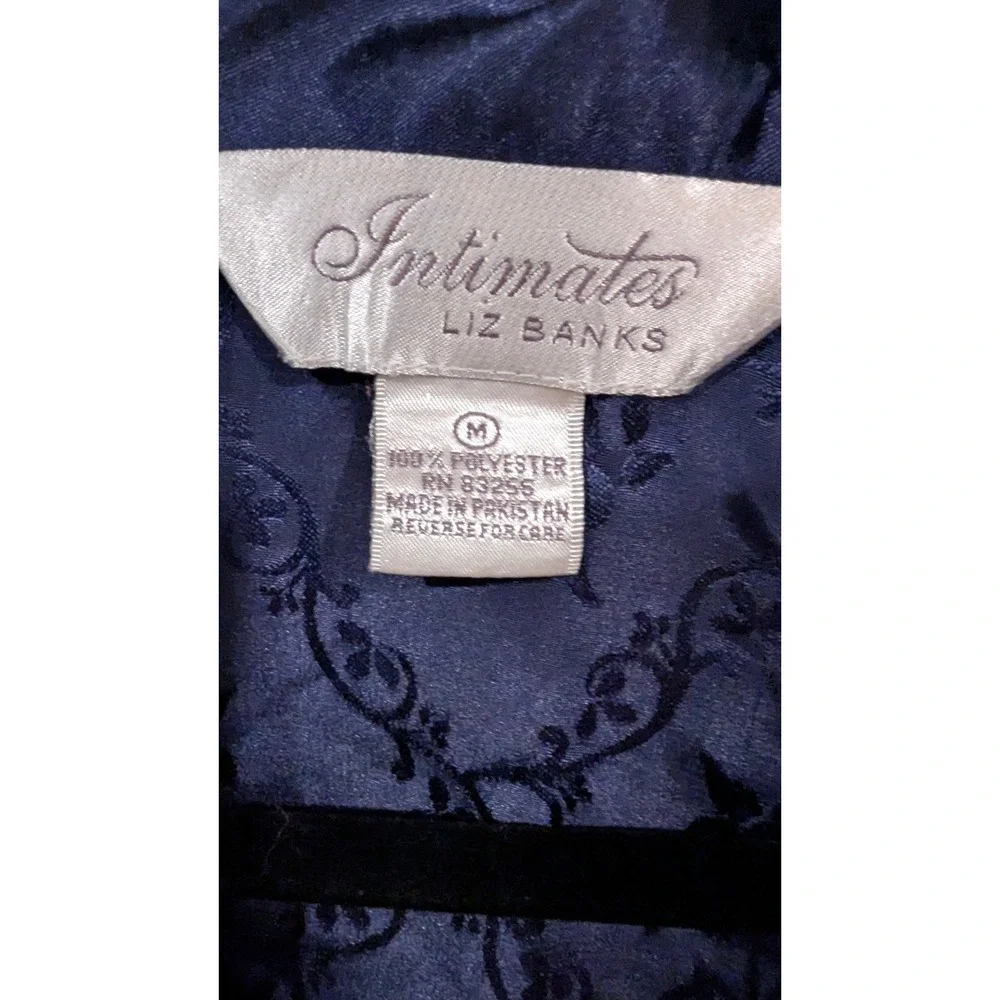 Liz Banks Intimates Sleep Shirt M Navy Blue Damask Floral Satin Button Nightie
